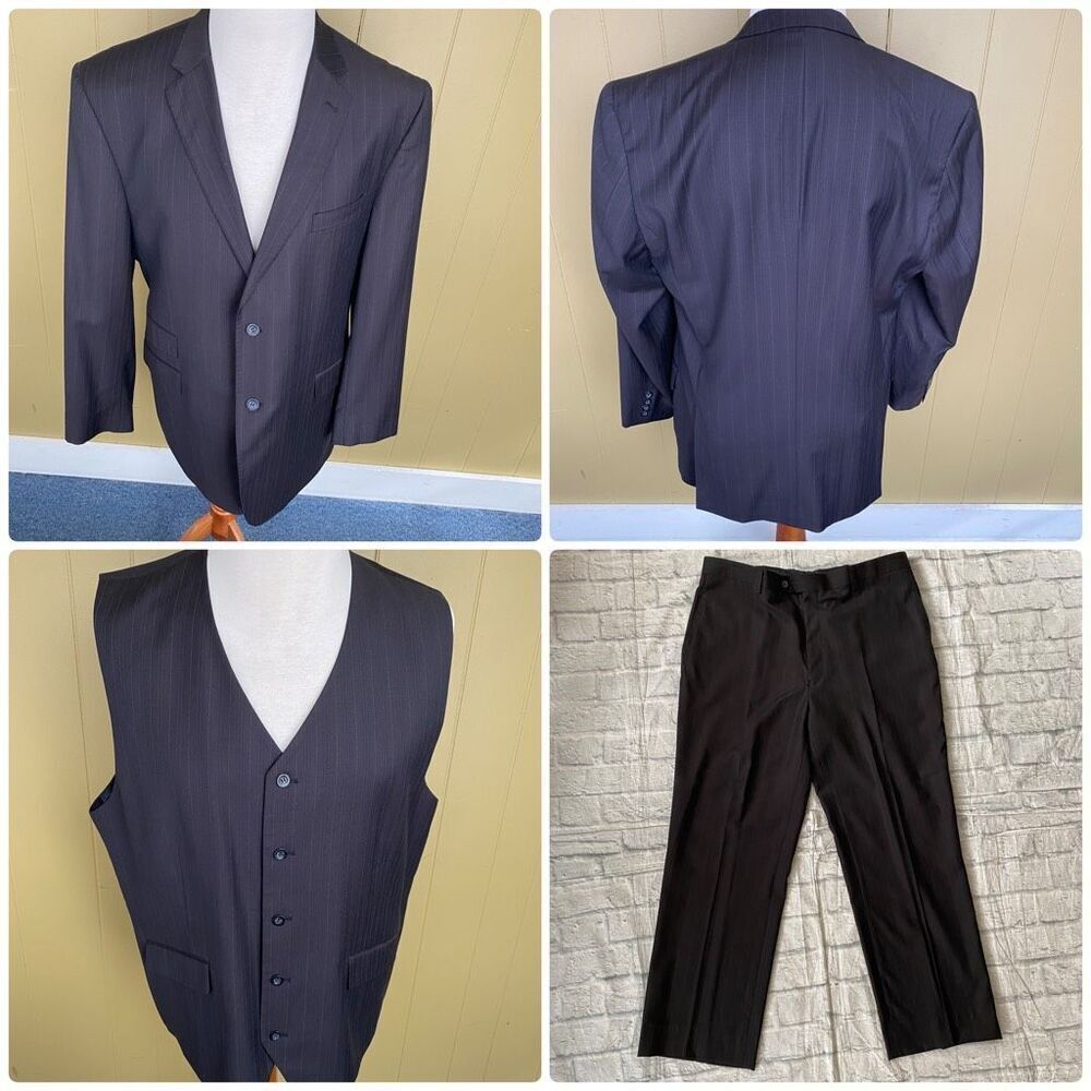 Luciano Carreli couture men 3 piece gray stripe suit super 150’s 44R